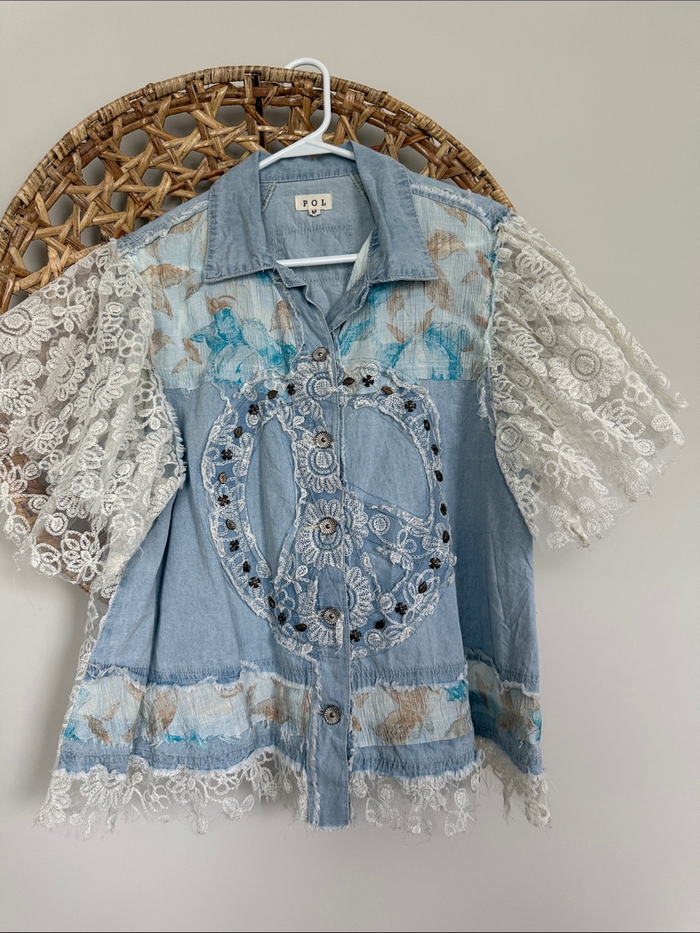 Pol Denim Lace Peace Sign Jacket - Light Blue